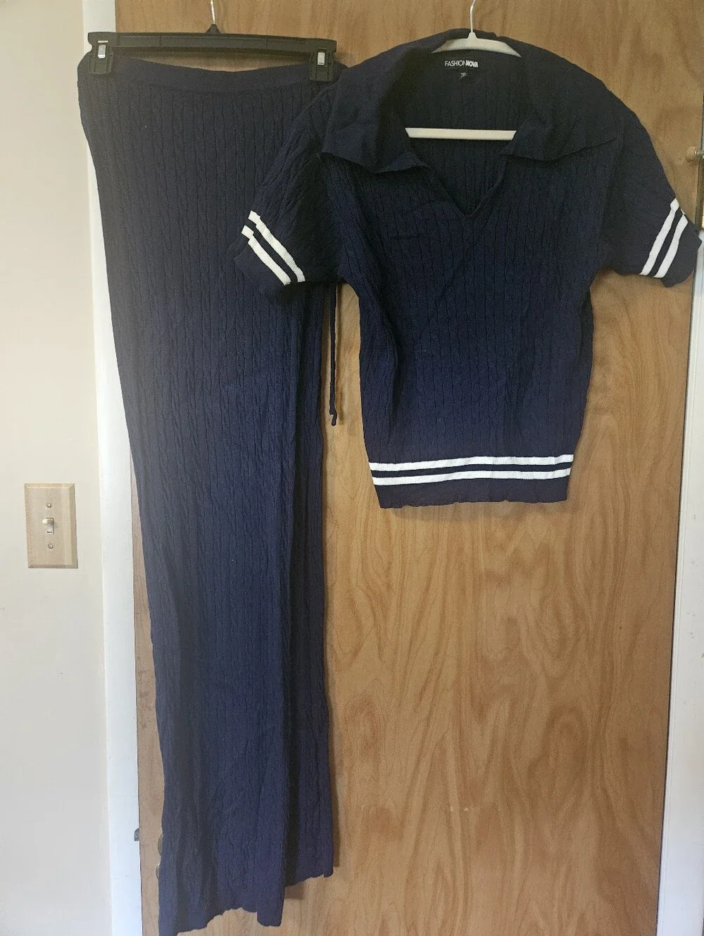 Navy Blue Women's Two-Piece Knit Pants Set with White Stripes